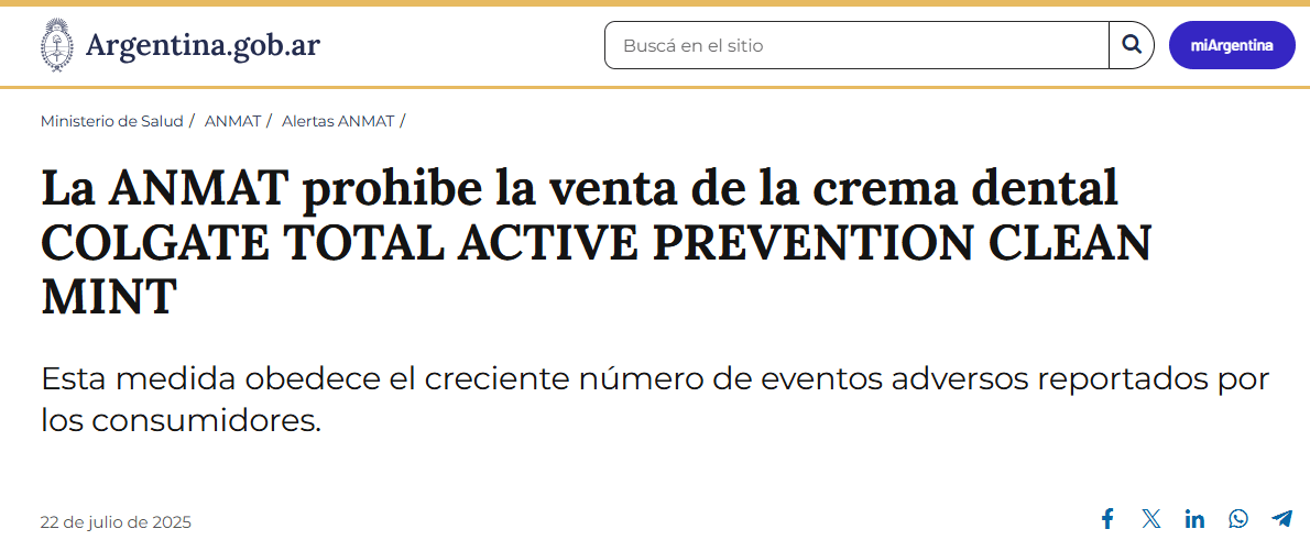 Alerta de ANMAT sobre la pasta Colgate Clean Mint
