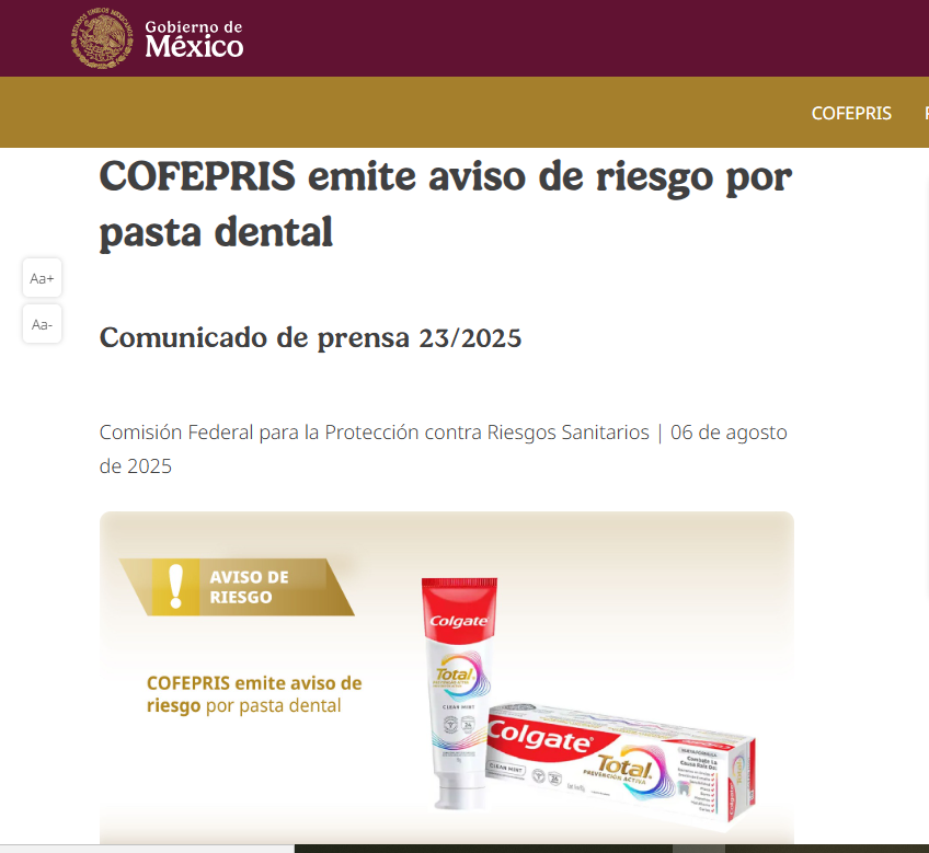 COFEPRIS alerta sobre las pastas dentales Colgate Total Clean Mint