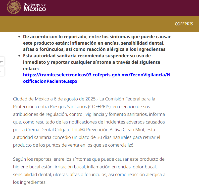COFEPRIS alerta sobre las pastas dentales Colgate Total Clean Mint